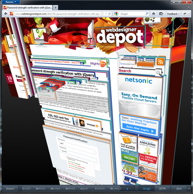 The Firefox 3D inspector analylzing Web Designer Depot