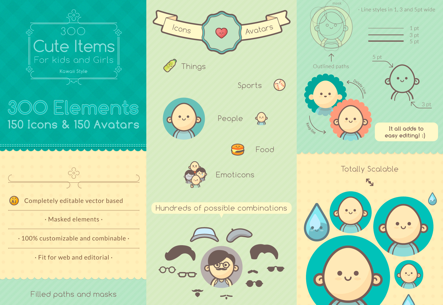 300 Cute Icons and Avatars in Kawaii Style