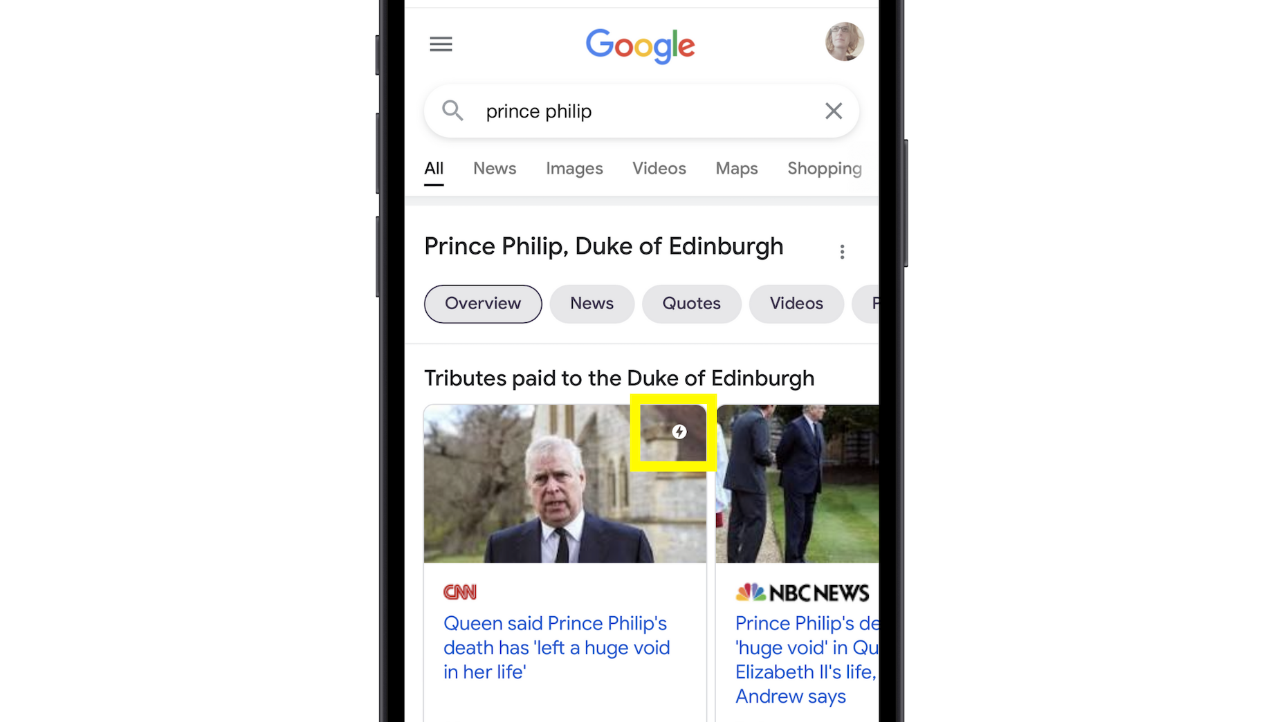 Google Top Stories en iPhone con Prince Philip Search