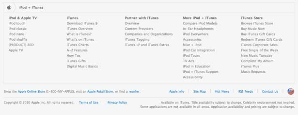 screenshot of the Apple's iPod footer