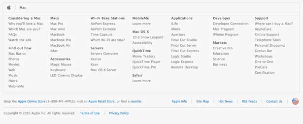 screenshot of the Apple's Mac footer