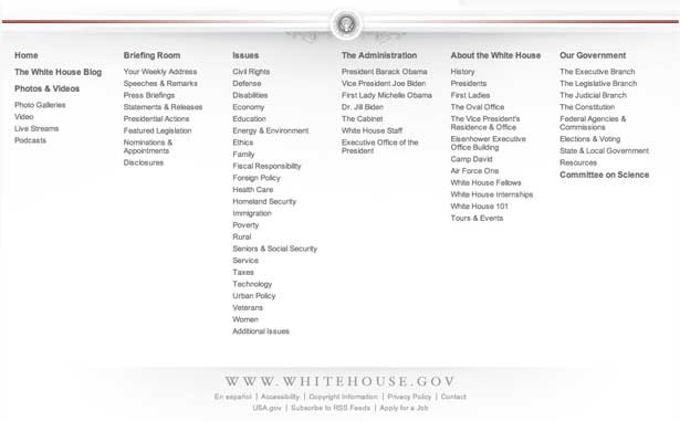 screenshot of the white house's footer