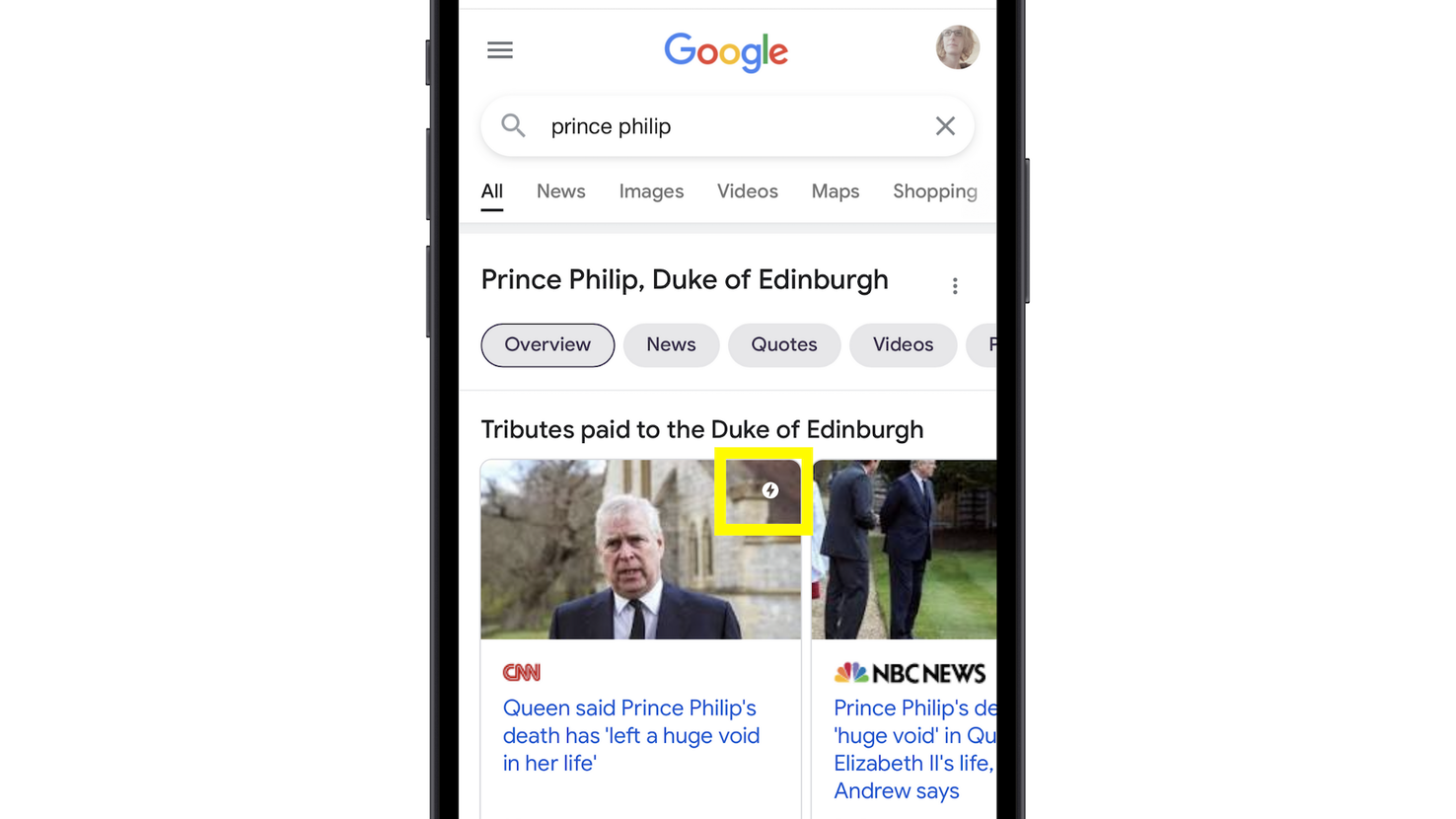 Google Top Stories on an iPhone with a search for Prince Philip