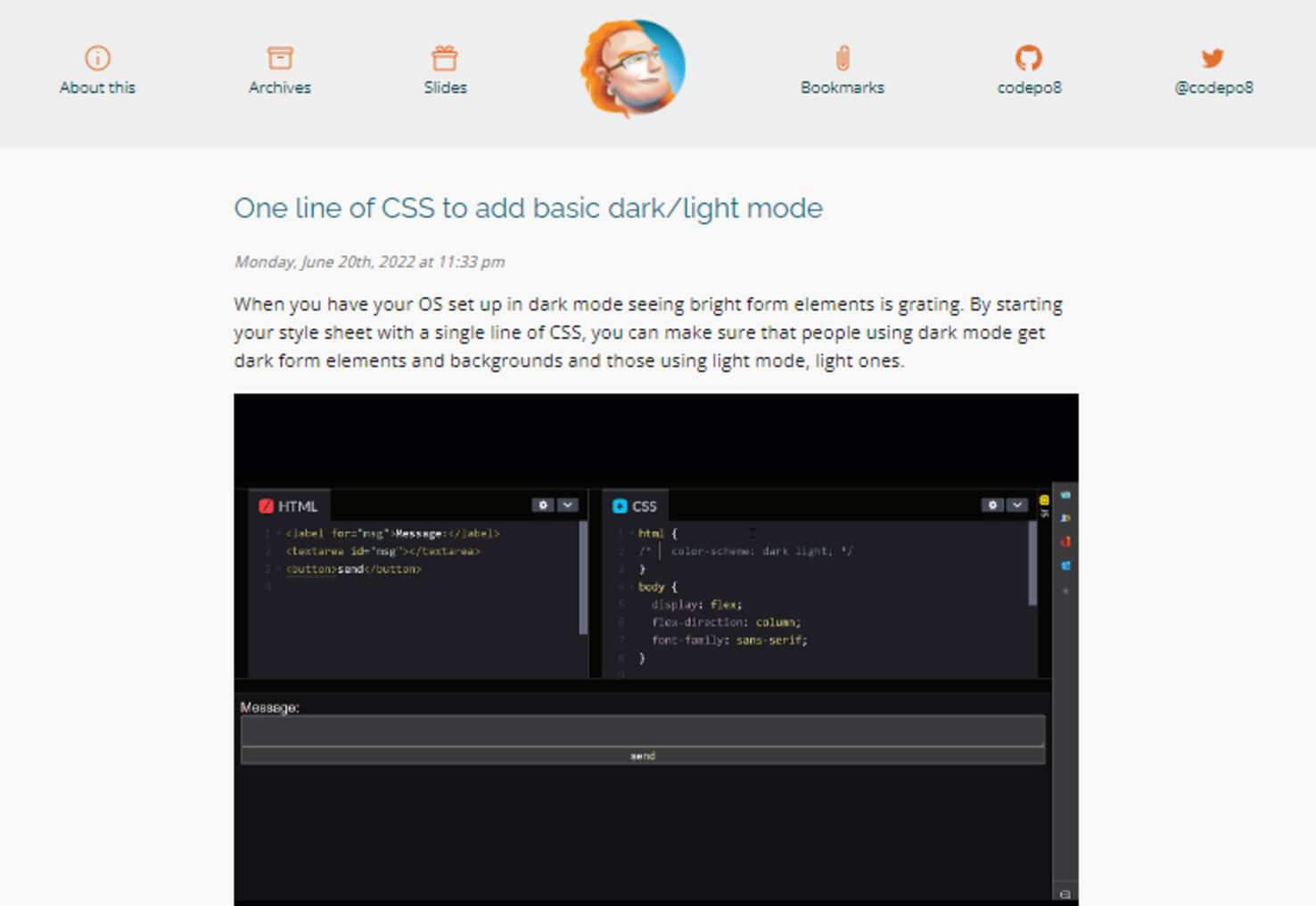 One line of CSS dark or light mode